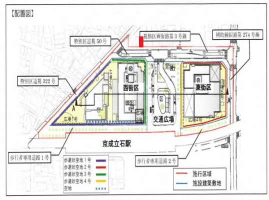 |立石駅北口地区第一種市街地再開発事業の配置図と物件位置